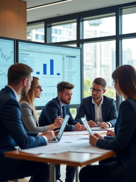 A focused team of legal professionals in a modern office, collaborating on a client strategy.