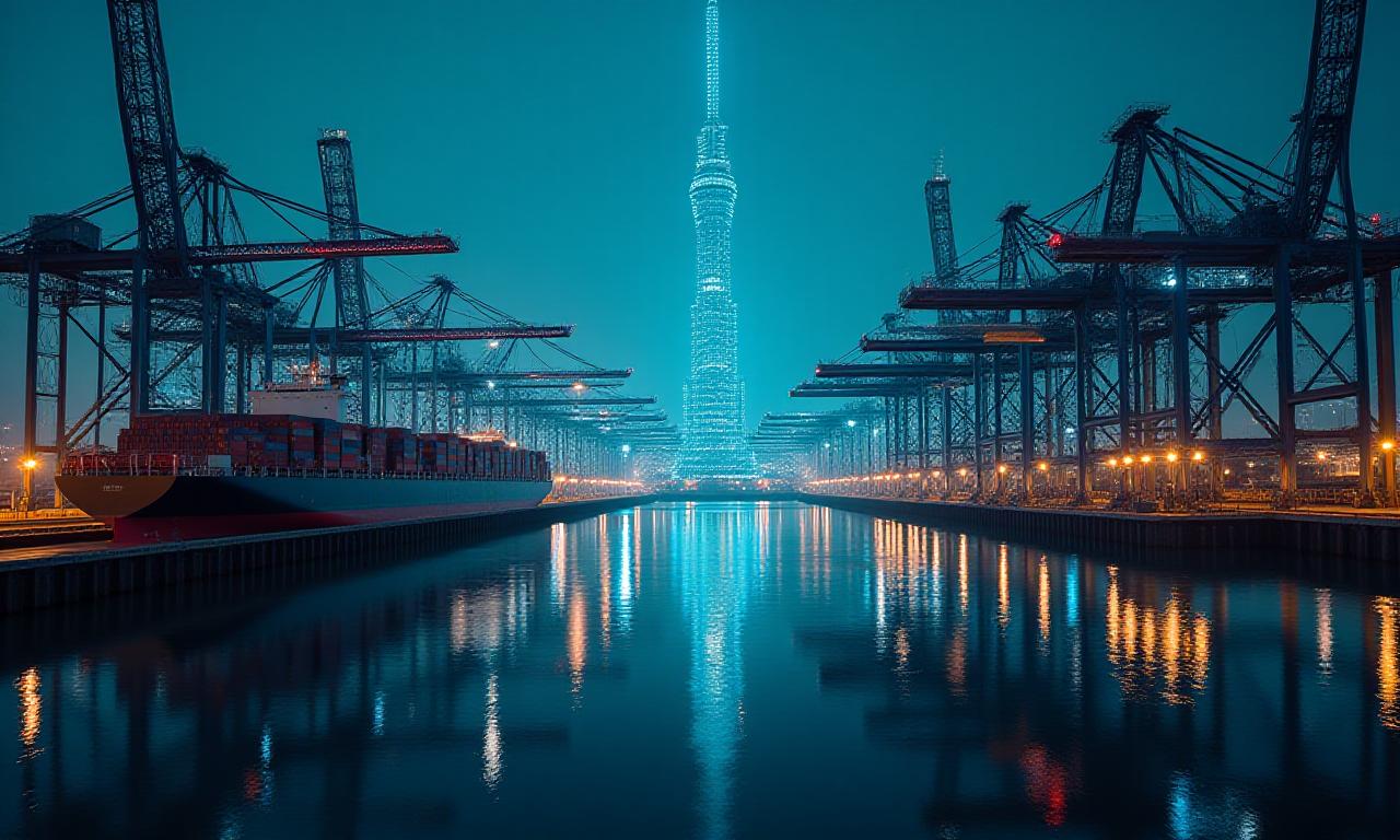 High-tech logistics hub in Toronto with data overlays